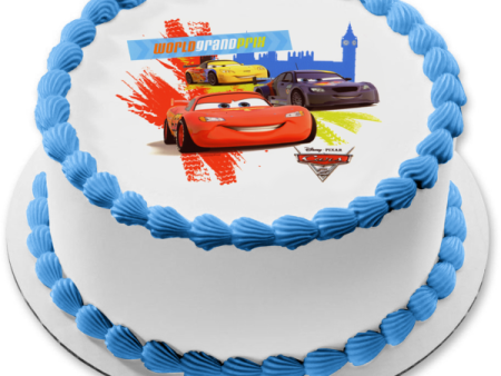 Cars 2 World Grand Prix Lightening McQueen Max Schnell and Miguel Camino Edible Cake Topper Image ABPID06537 Cheap