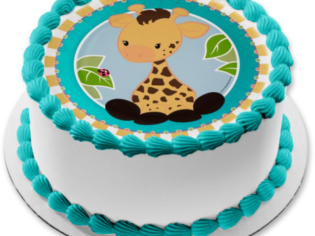 Baby Giraffe with a Ladybug on a Leaf Edible Cake Topper Image ABPID05422 Online now