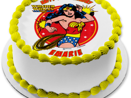 Wonder Woman with a  Red Background and Stars Edible Cake Topper Image ABPID05754 Fashion