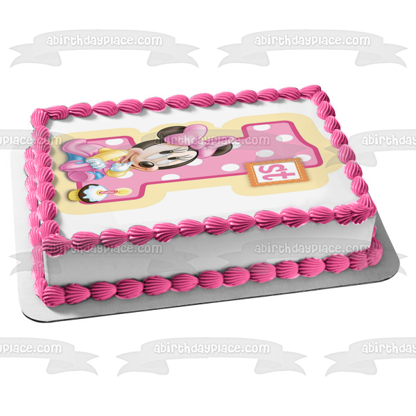 Baby Minnie Mouse Happy 1st Birthday Edible Cake Topper Image ABPID06241 Sale